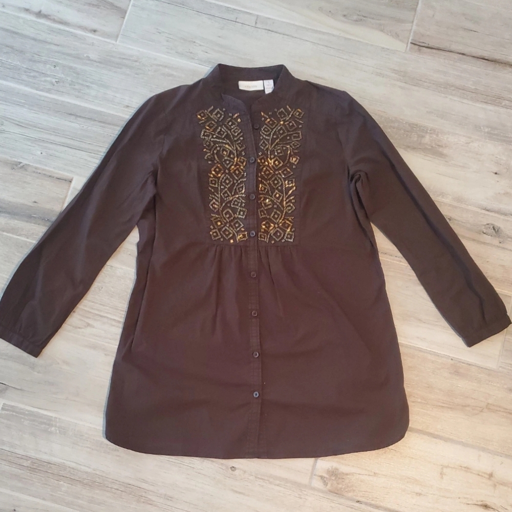 Chicos Brown Beaded L/S Button Front Tunic Top Size 1 Med Boho Coastal Grandma